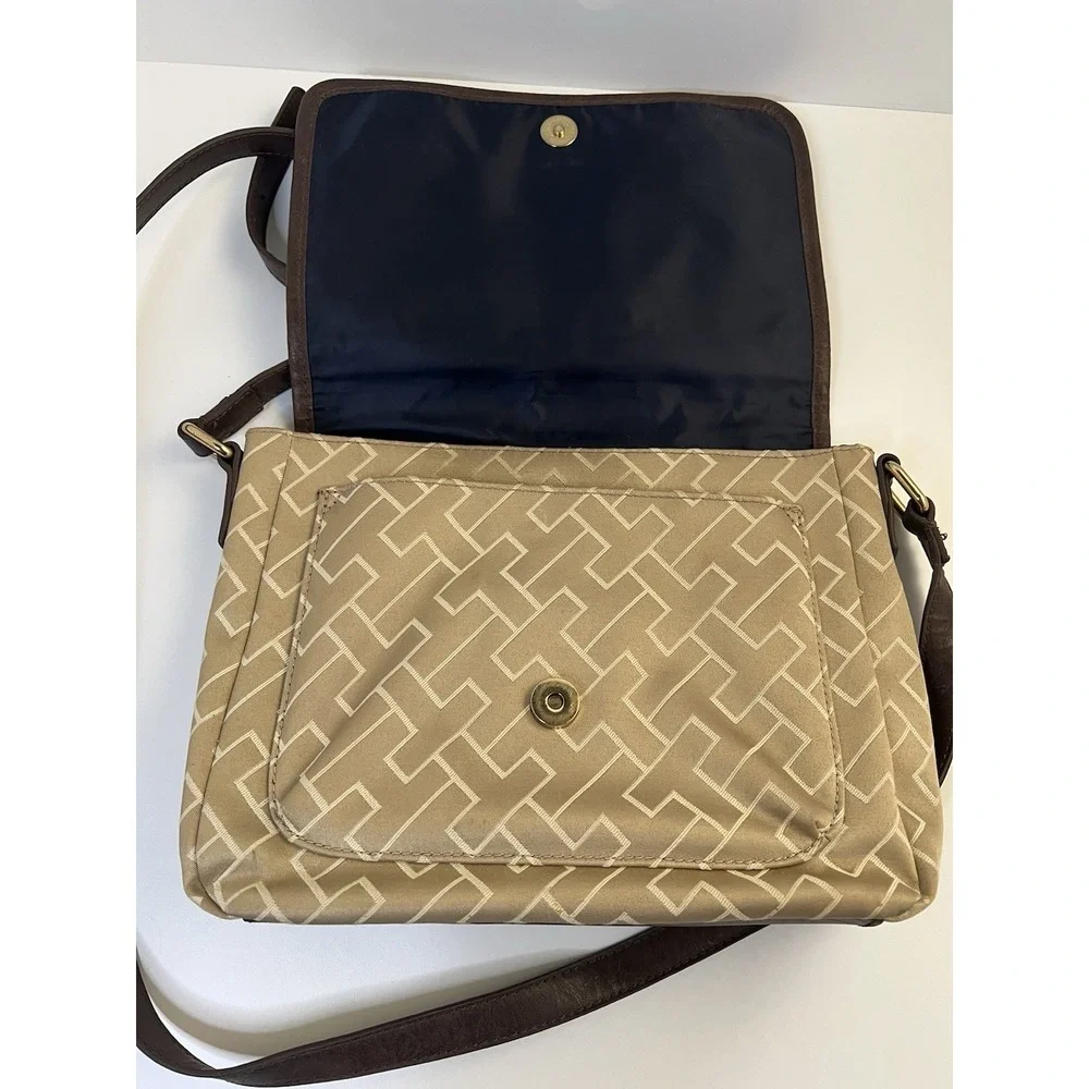 Tommy Hilfiger Jacquard Flap Top Messenger/Crossbody Bag-Tan/Brown Shoulder
